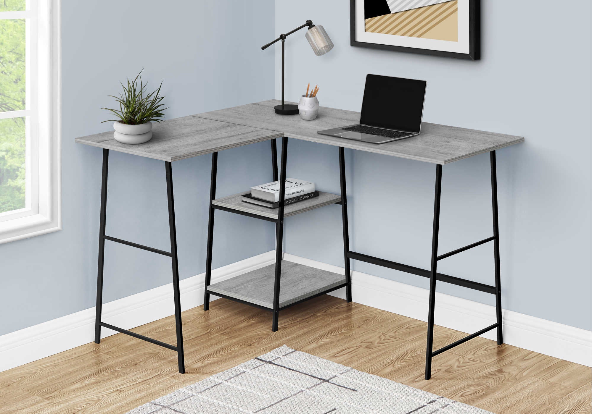 BUREAU D'ORDINATEUR - 48"L / DESSUS GRIS / COIN EN MÉTAL NOIR # I 7591