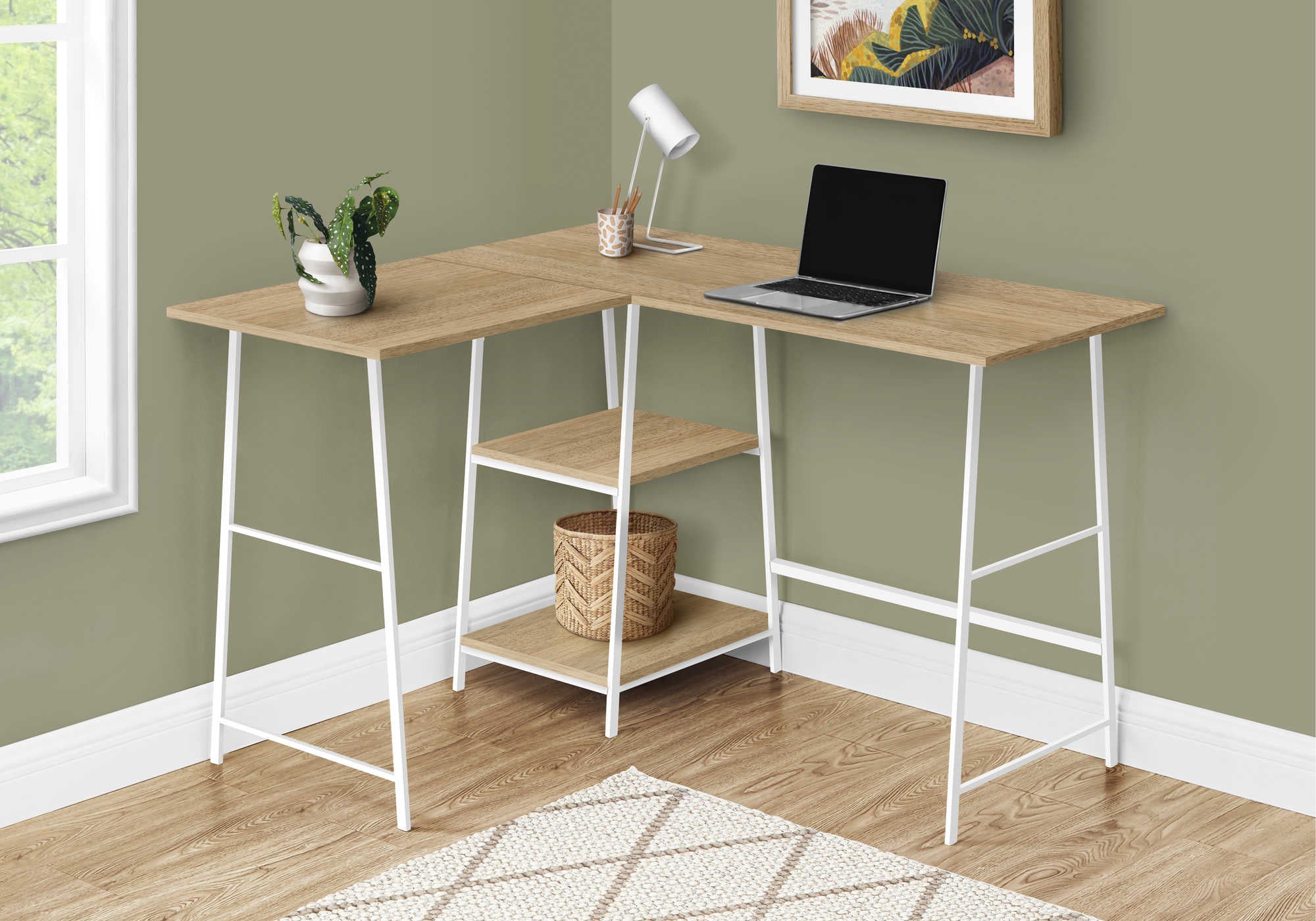 BUREAU D'ORDINATEUR - 48"L / DESSUS NATUREL / COIN EN MÉTAL BLANC # I 7597