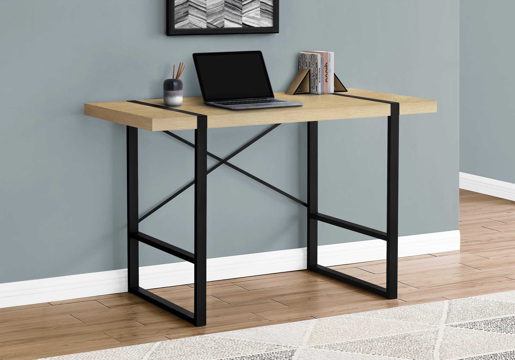 BUREAU D'ORDINATEUR - 48"L / NATUREL / MÉTAL NOIR # I 7658