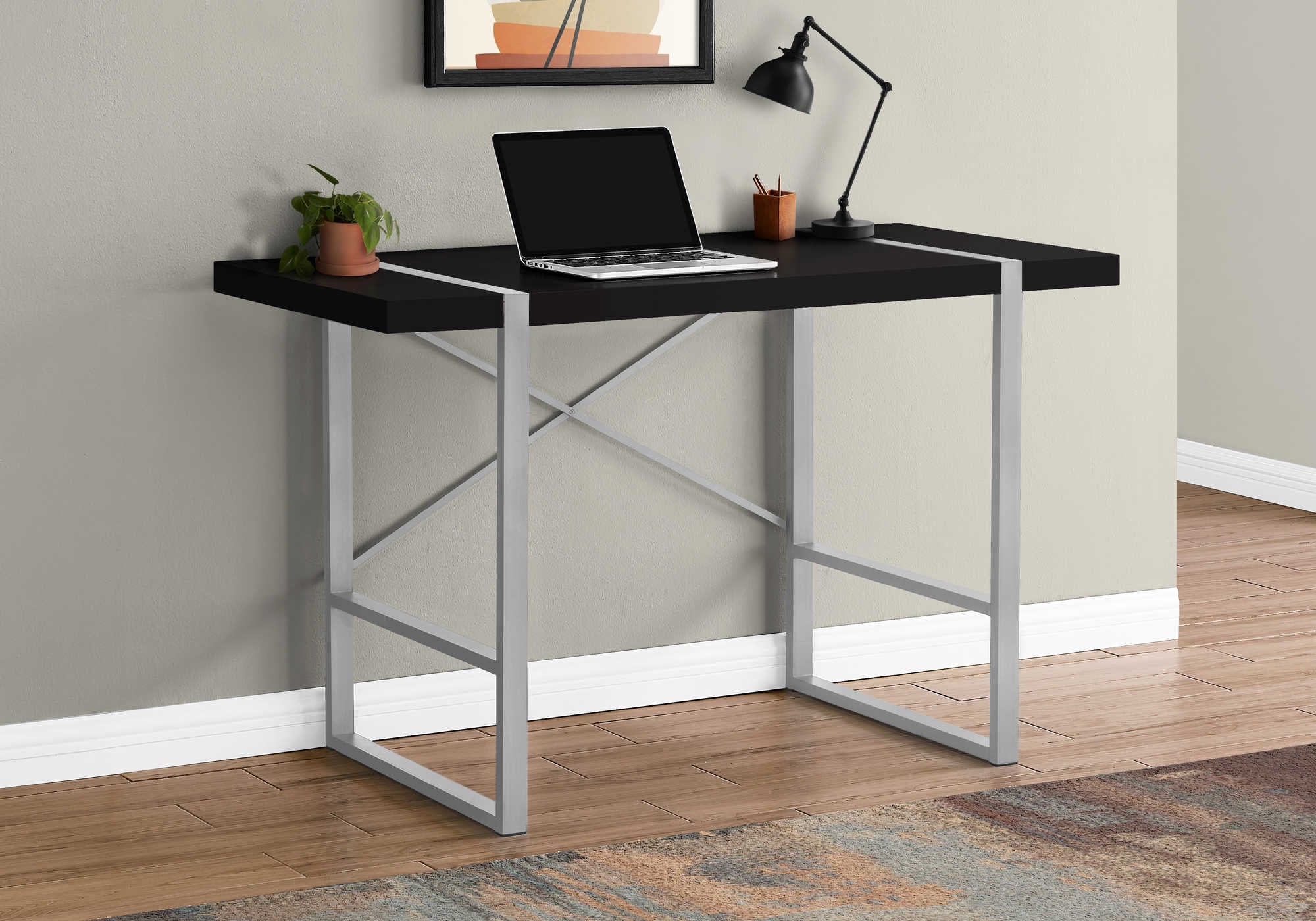 BUREAU D'ORDINATEUR - 48"L / NOIR / MÉTAL ARGENT # I 7664