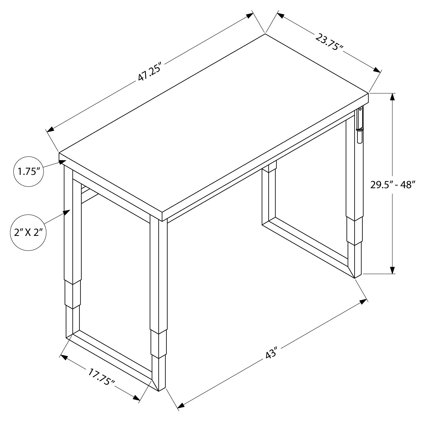 BUREAU D'ORDINATEUR - 48"L / NOIR / HAUTEUR RÉGLABLE / MÉTAL NOIR # I 7682