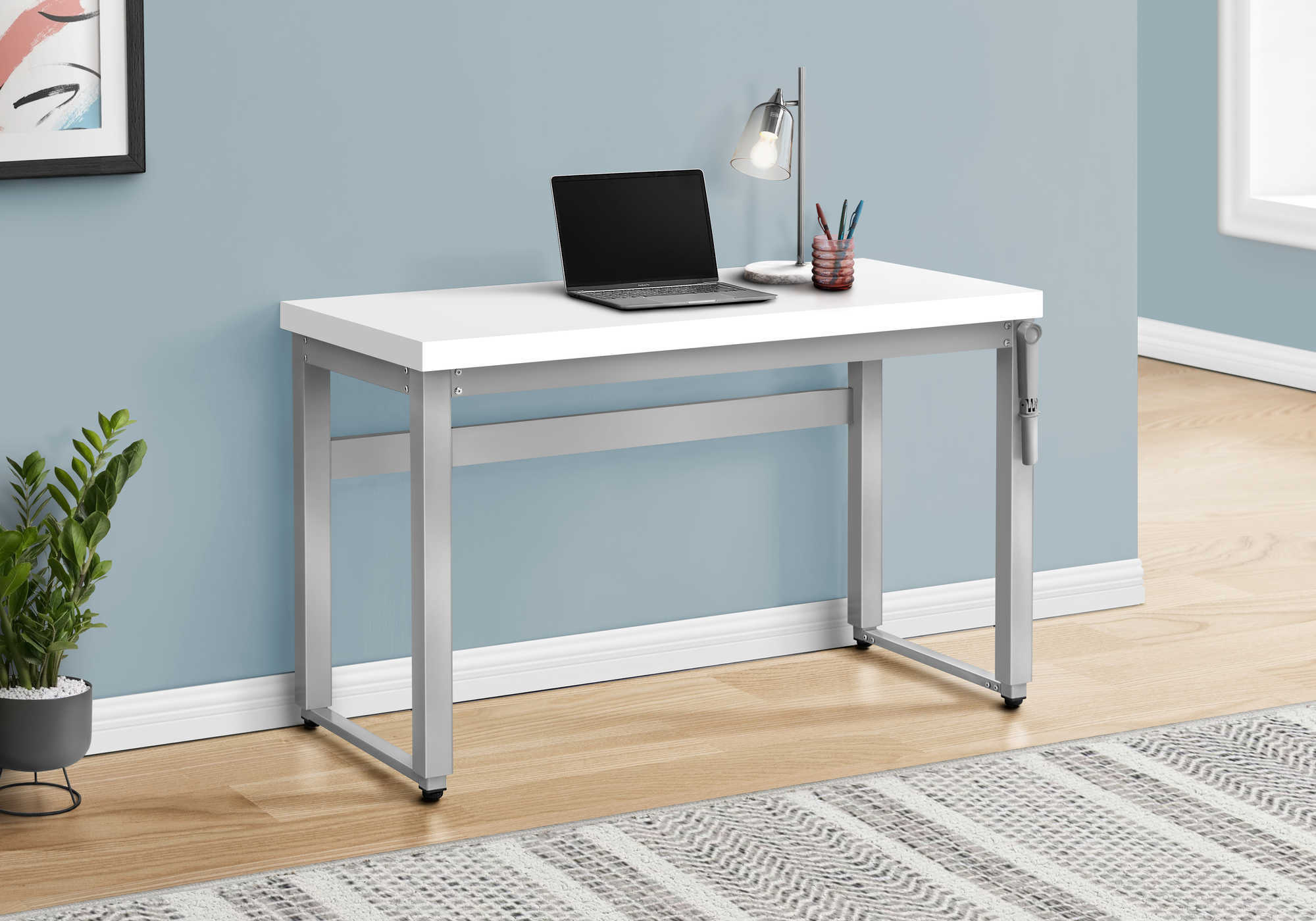 BUREAU D'ORDINATEUR - 48"L / BLANC / HAUTEUR RÉGLABLE / MÉTAL ARGENT # I 7683