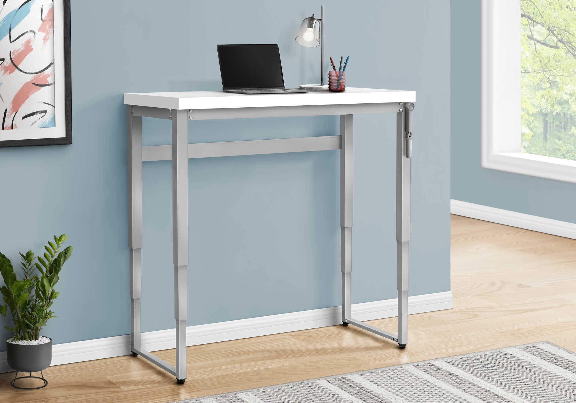 BUREAU D'ORDINATEUR - 48"L / BLANC / HAUTEUR RÉGLABLE / MÉTAL ARGENT # I 7683