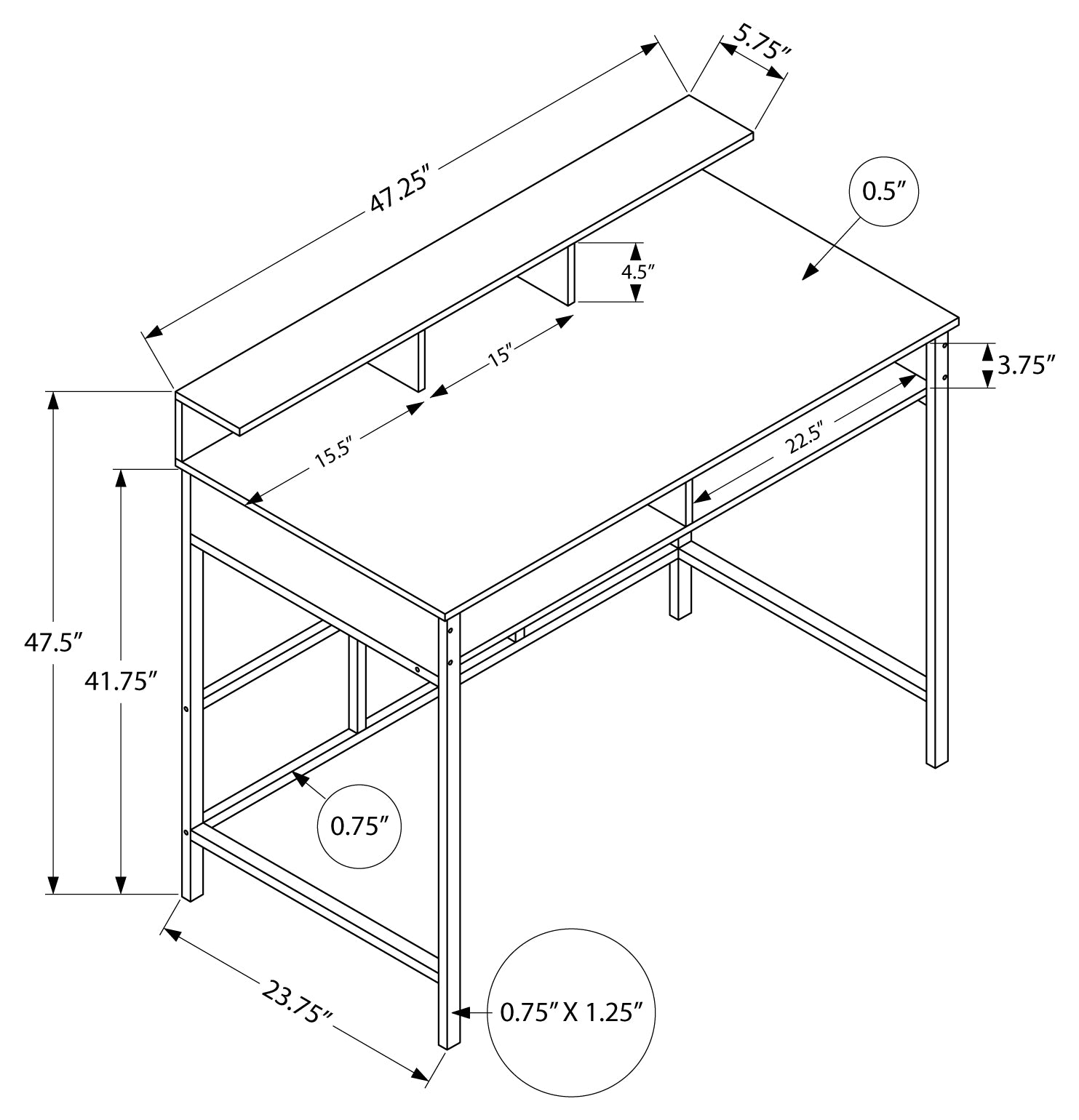 BUREAU D'ORDINATEUR - 48"L / NOIR / NOIR HAUTEUR DEBOUT # I 7700