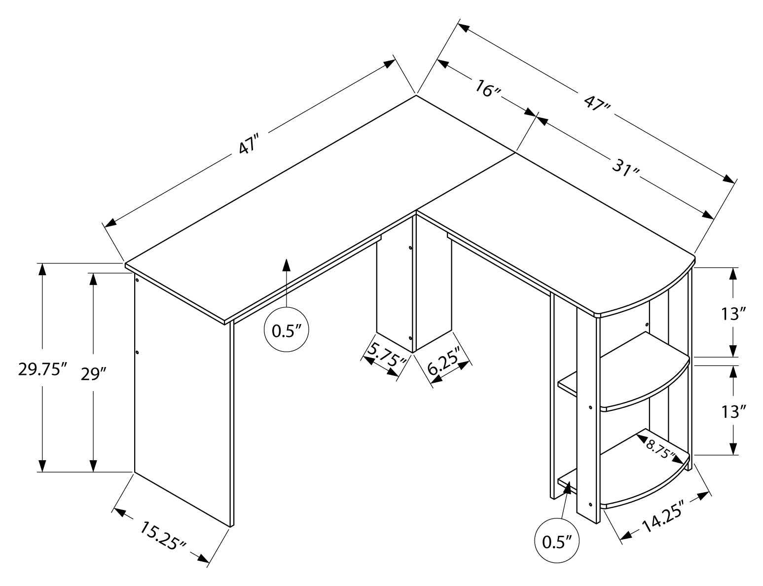 BUREAU D'ORDINATEUR - ANGLE EN L EN CHÊNE BRUN / 2 ÉTAGÈRES # I 7722