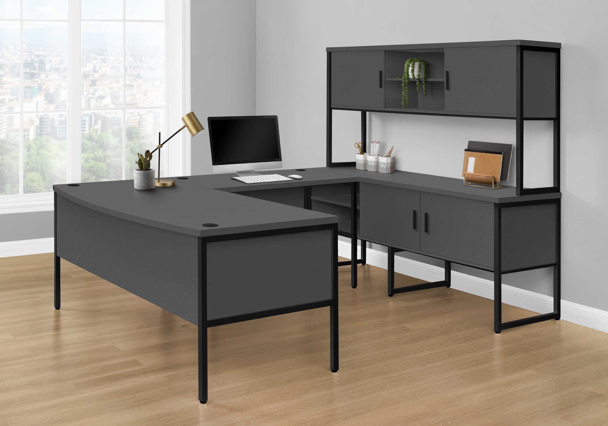 OFFICE HUTCH - 72"L GREY / BLACK COMMERCIAL GRADE # I 7733