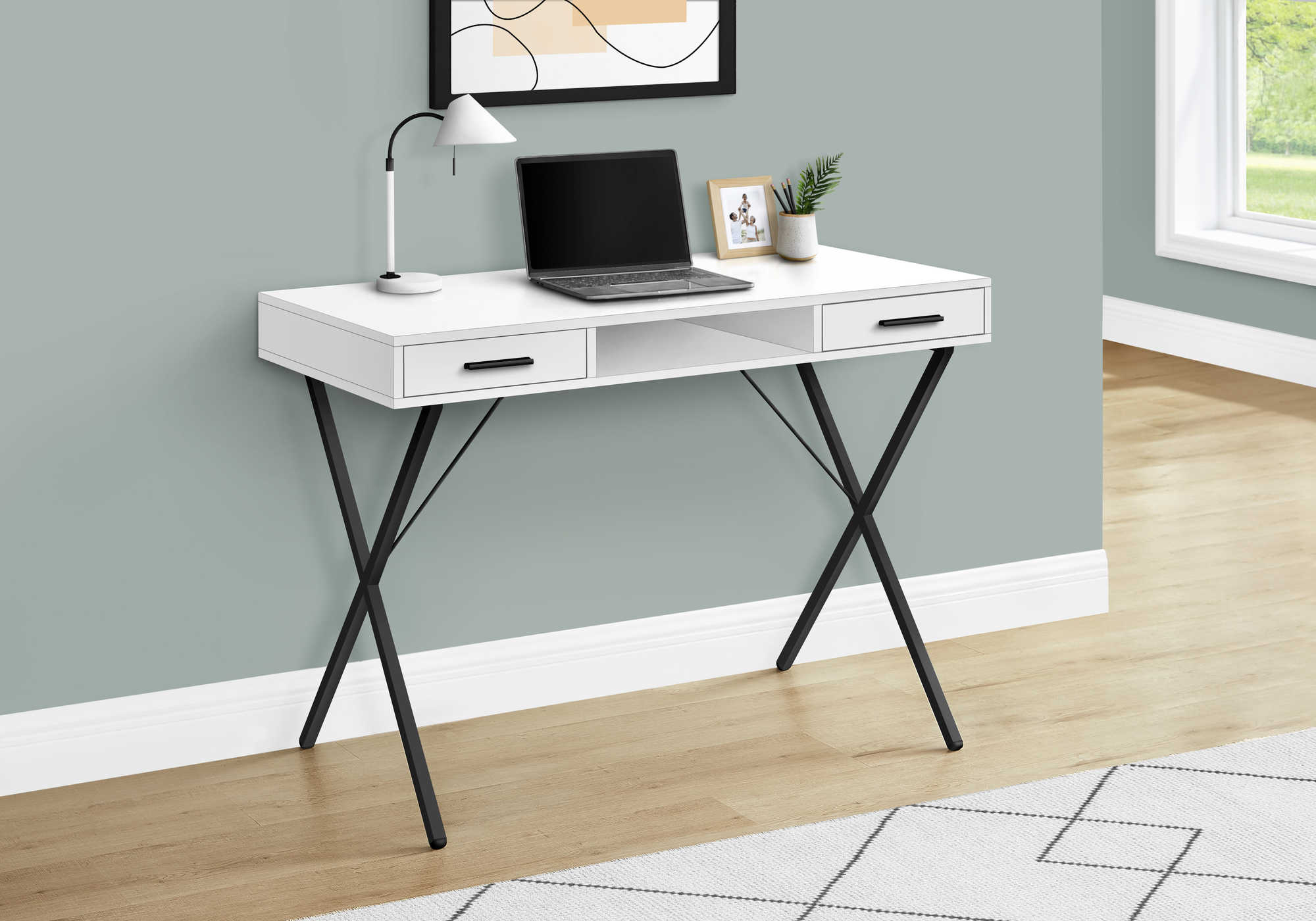 BUREAU D'ORDINATEUR - 42"L / BLANC / MÉTAL NOIR # I 7790