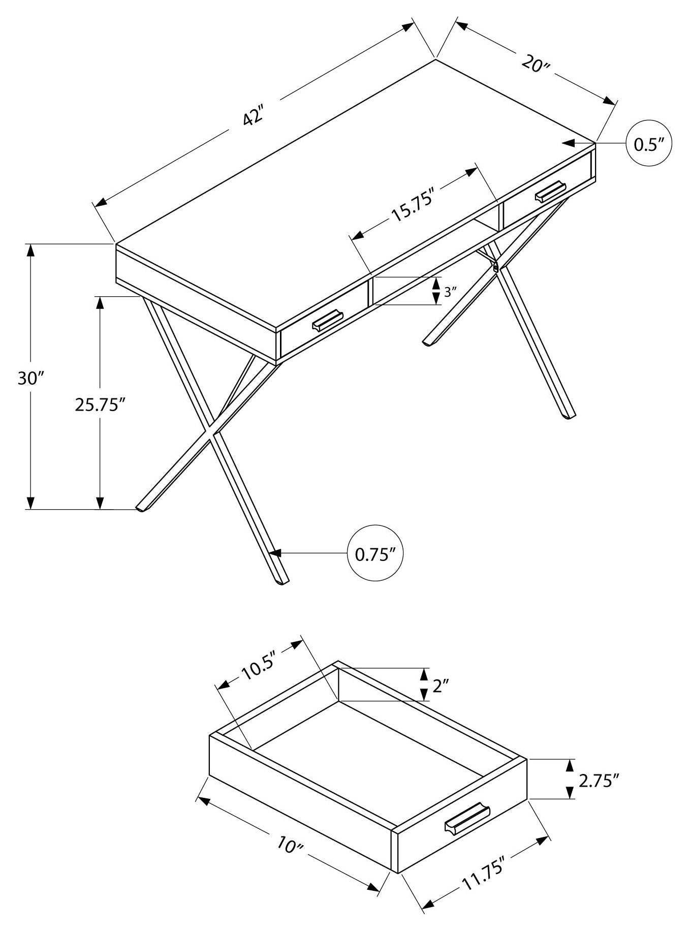 BUREAU D'ORDINATEUR - 42"L / BLANC / MÉTAL NOIR # I 7790