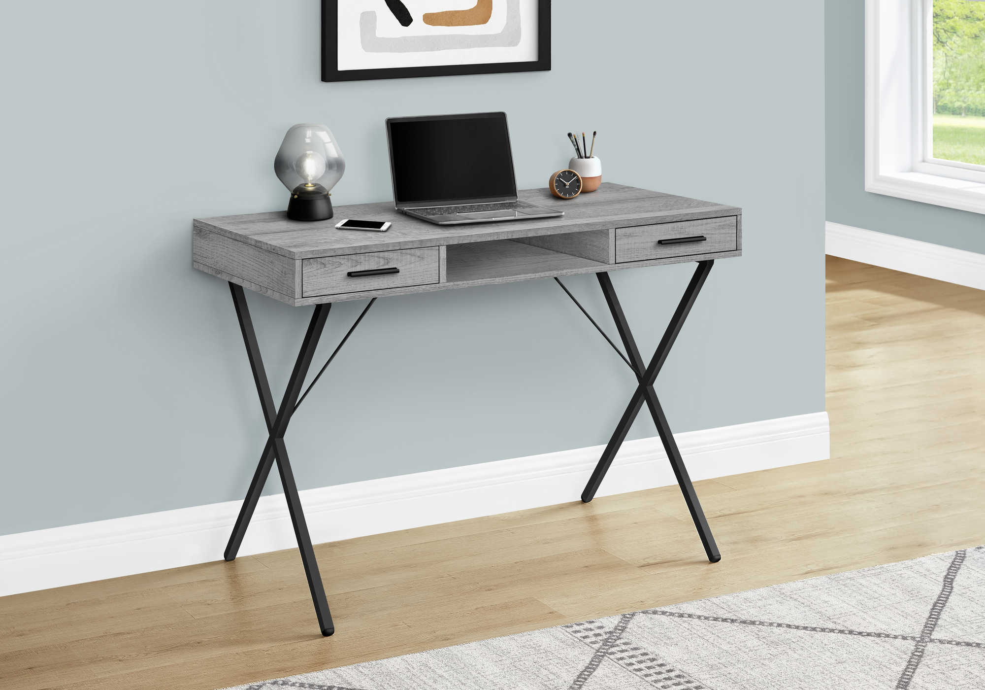 BUREAU D'ORDINATEUR - 42"L / GRIS / MÉTAL NOIR # I 7792