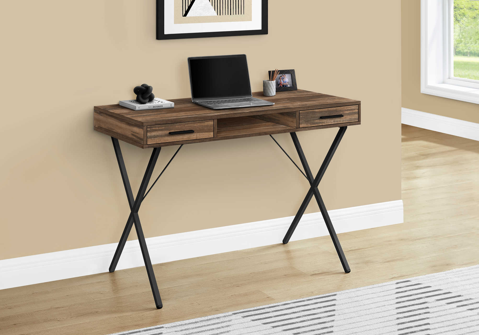 BUREAU D'ORDINATEUR - 42"L / BOIS RÉCUPÉRÉ BRUN / MÉTAL NOIR # I 7794