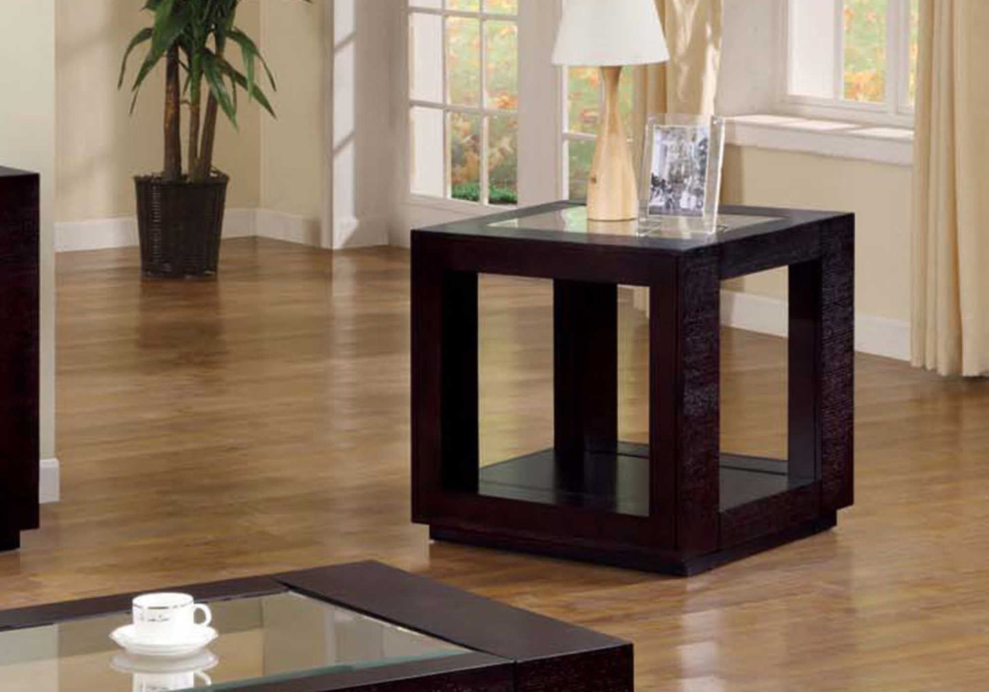 TABLE D'APPOINT - PLACAGE ESPRESSO AVEC INSERT EN VERRE #I 7811E