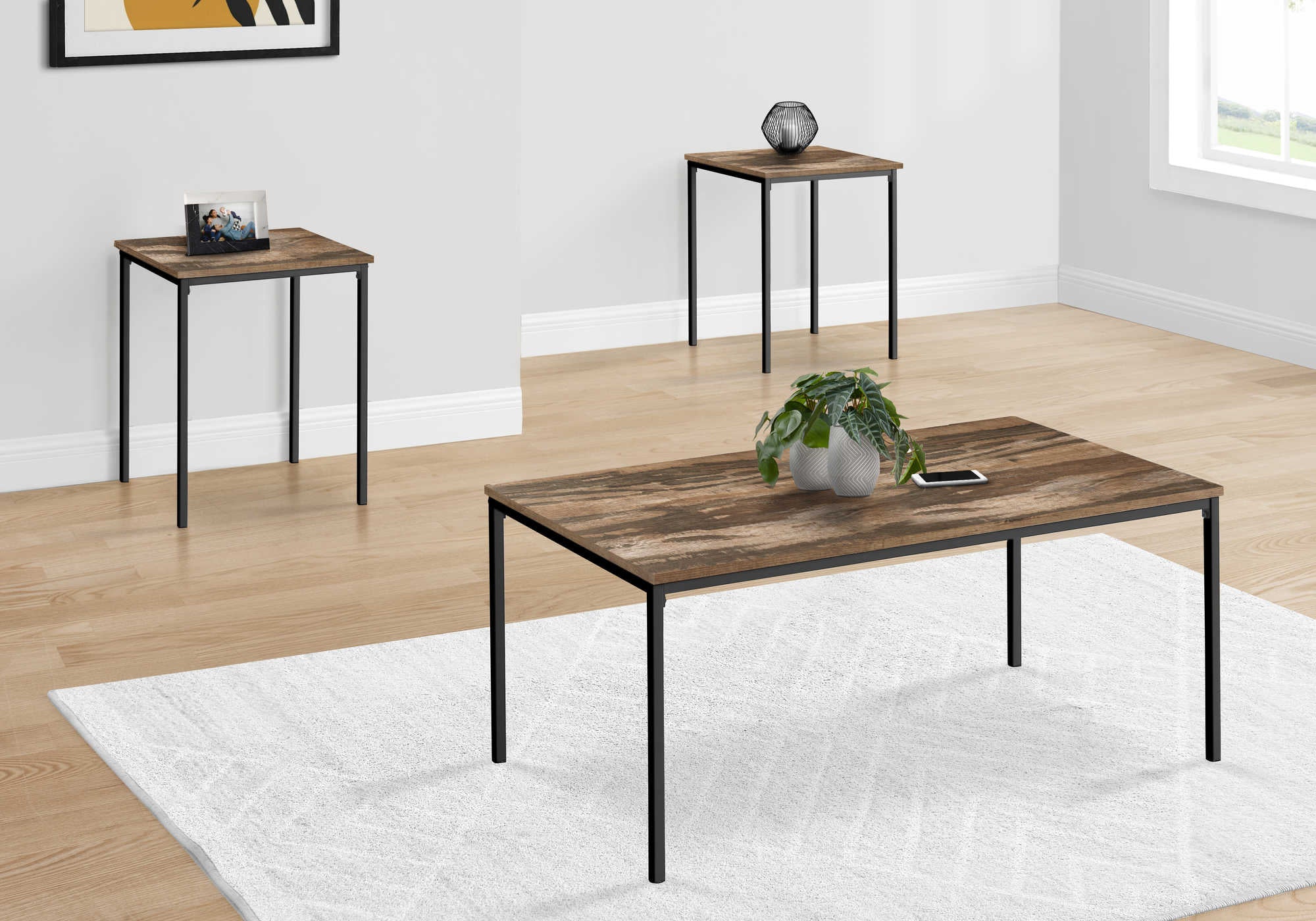 TABLE SET - 3PCS SET / BROWN RECLAIMED / BLACK METAL # I 7893P