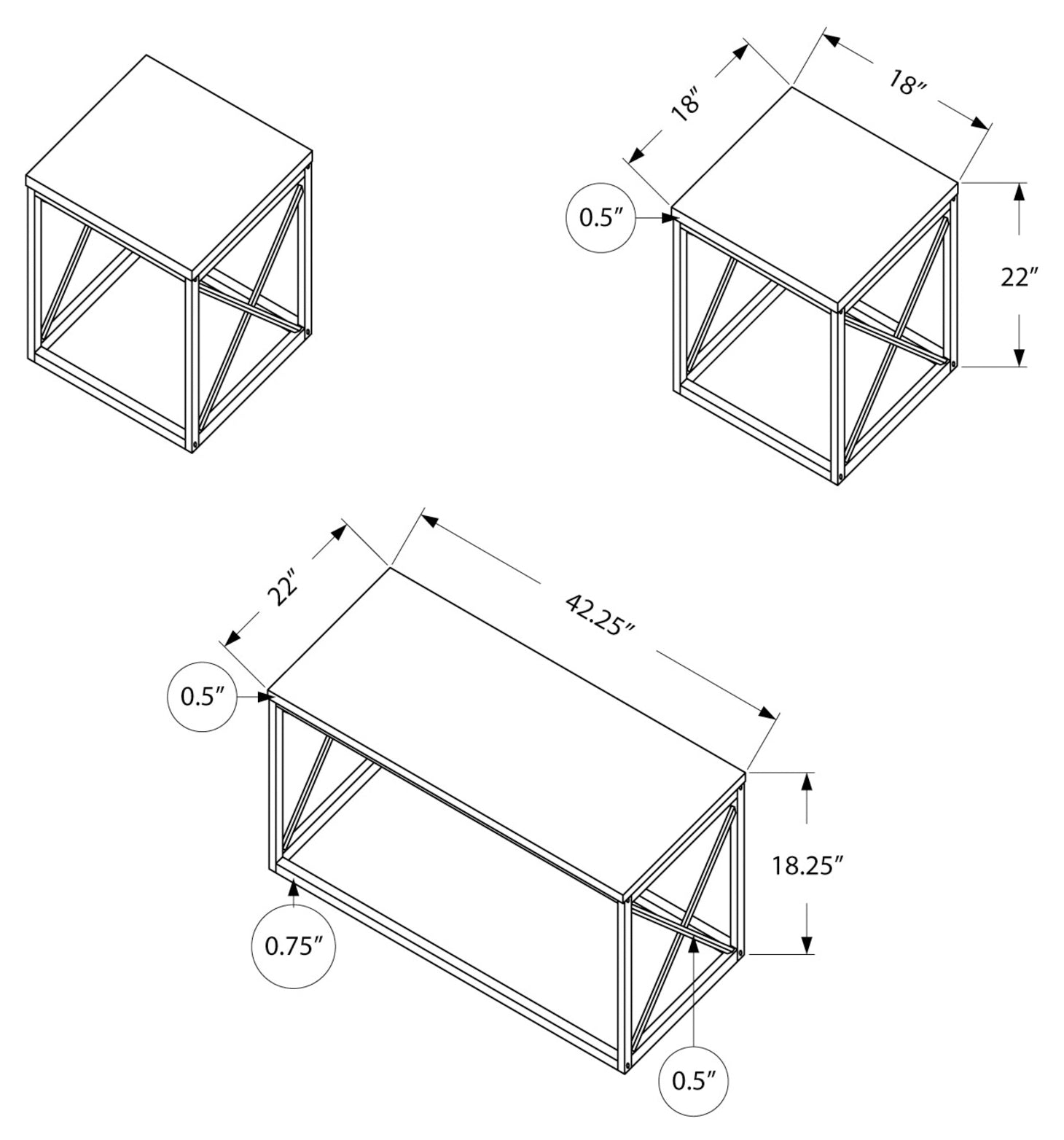 TABLE SET - 3PCS SET / DARK TAUPE / BLACK METAL # I 7950P