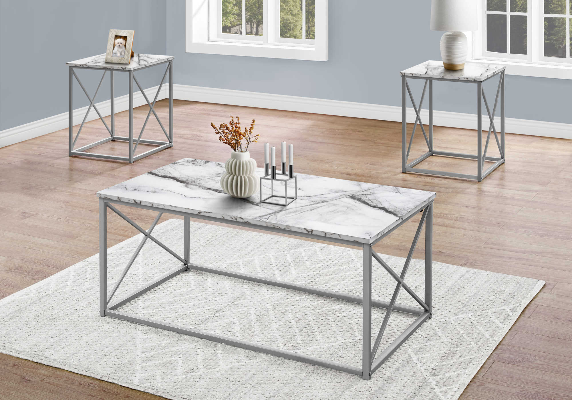 TABLE SET - 3PCS SET / WHITE MARBLE / SILVER METAL # I 7953P