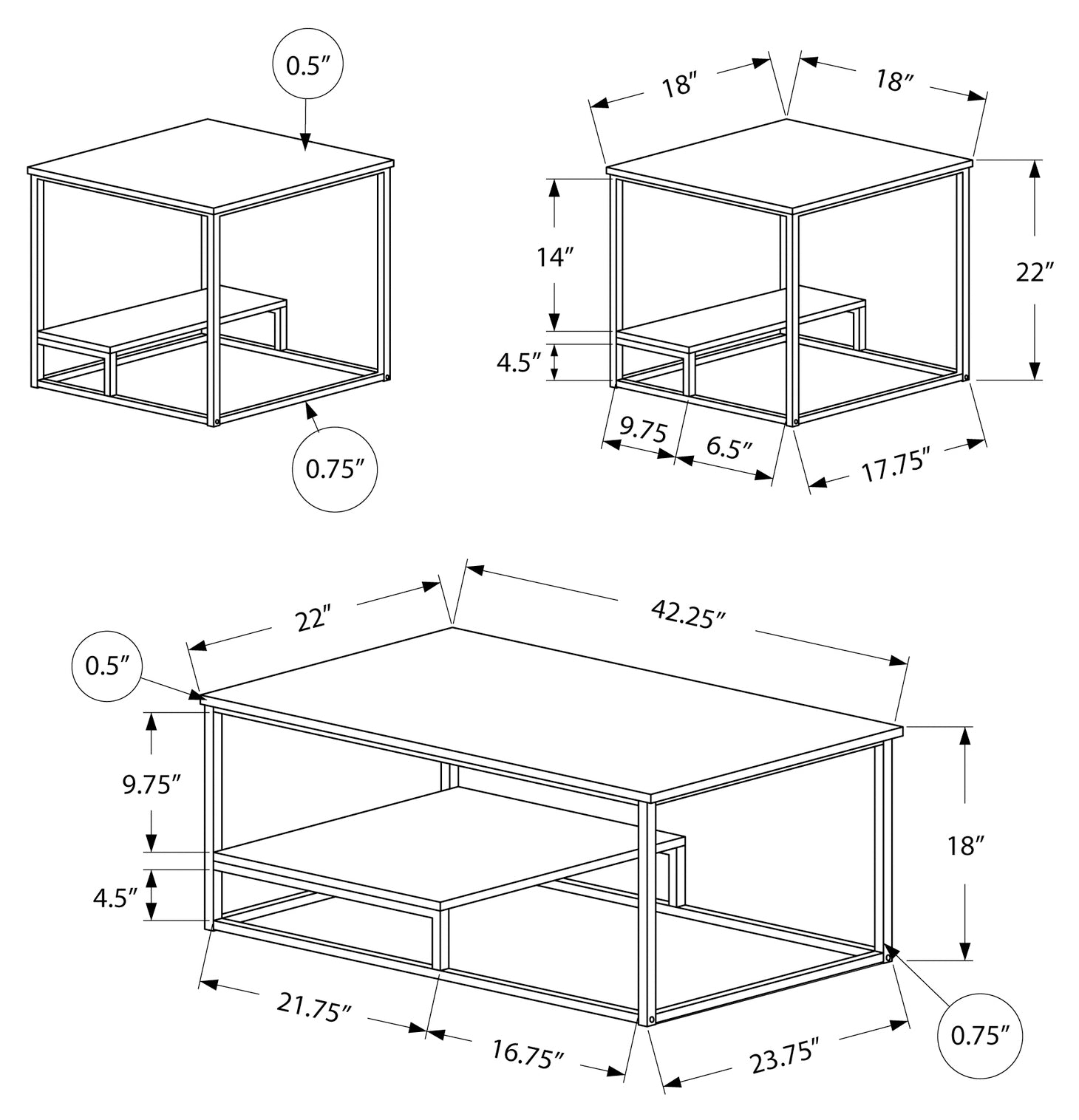 ENSEMBLE DE TABLE - ENSEMBLE 3PCS / TAUPE FONCÉ / MÉTAL NOIR # I 7960P