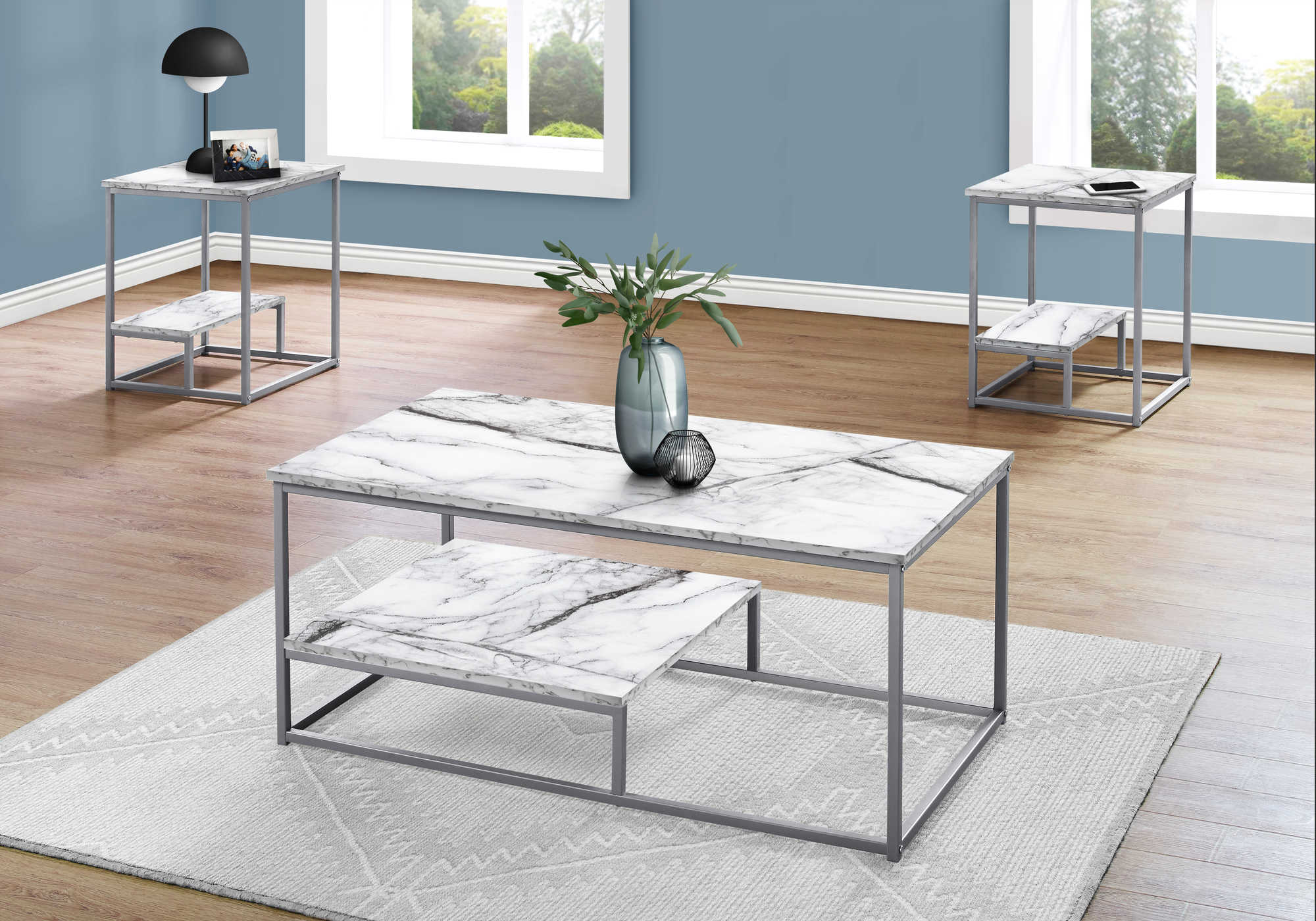 ENSEMBLE DE TABLE - ENSEMBLE 3PCS / MARBRE BLANC / MÉTAL ARGENT # I 7963P