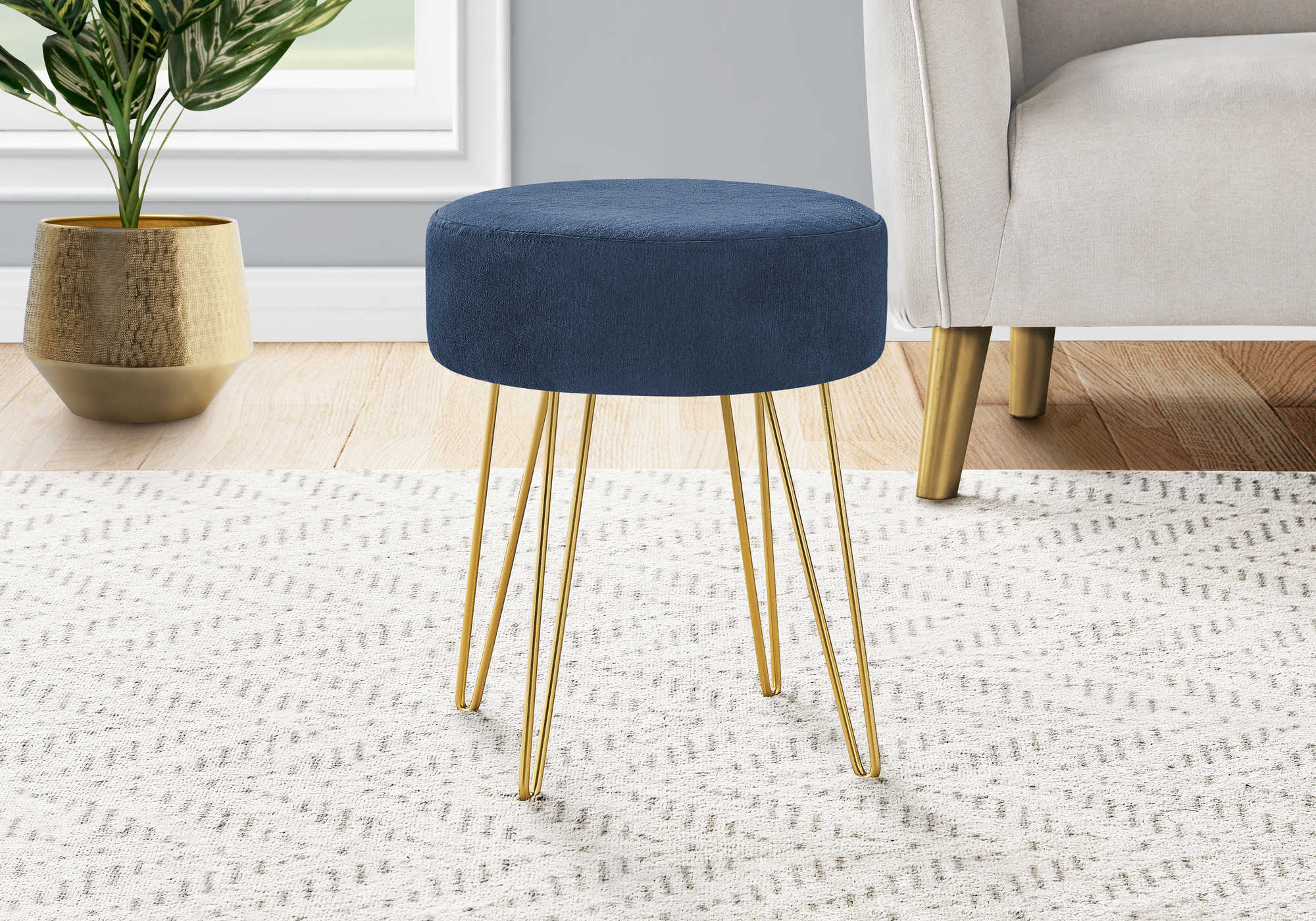 OTTOMAN - BLUE FABRIC / GOLD METAL LEGS # I 9002