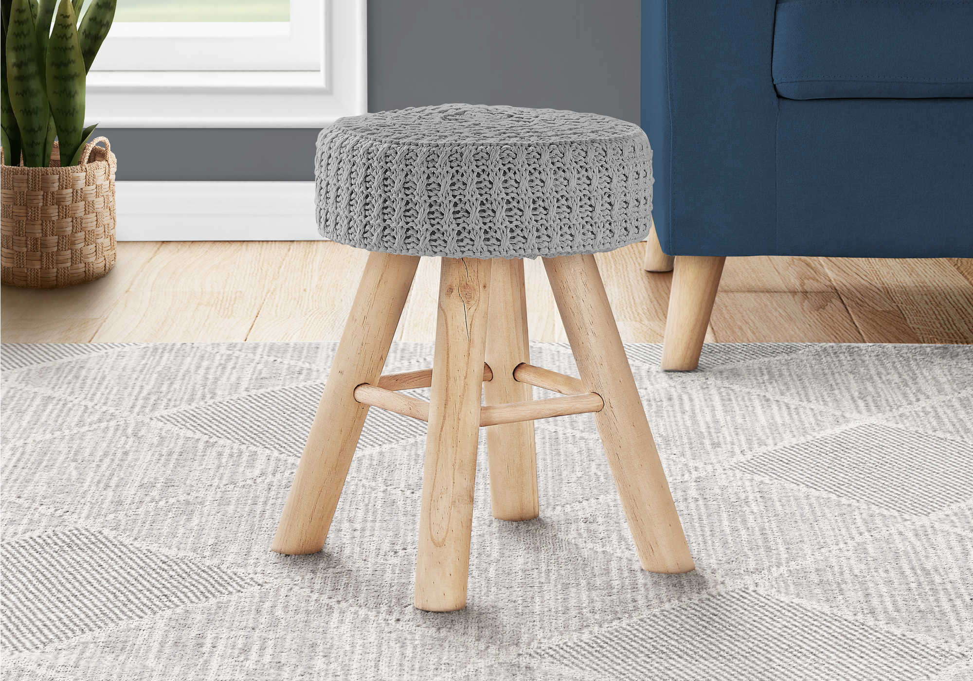 OTTOMAN - GREY KNIT / NATURAL WOOD LEGS # I 9013