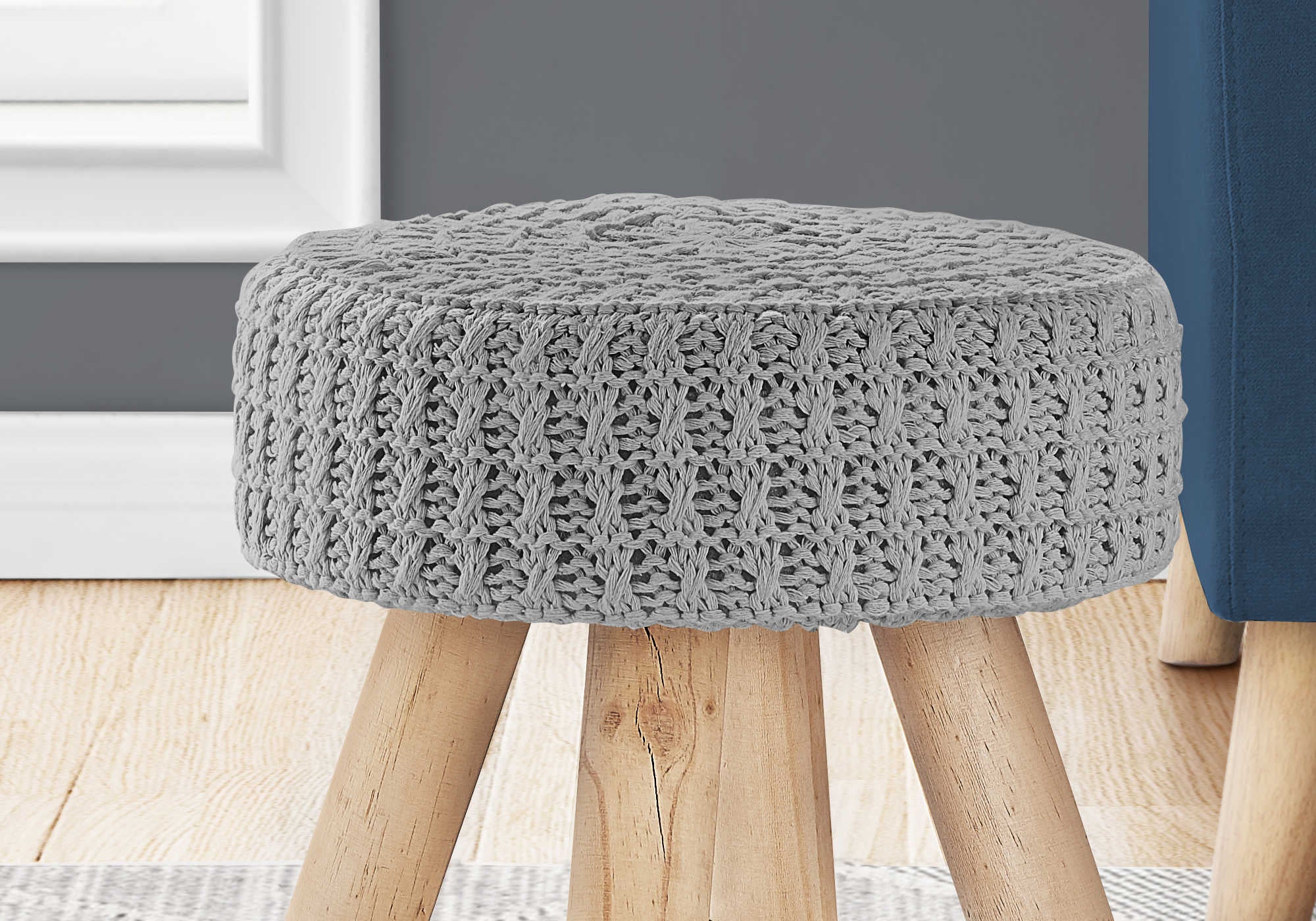 OTTOMAN - GREY KNIT / NATURAL WOOD LEGS # I 9013