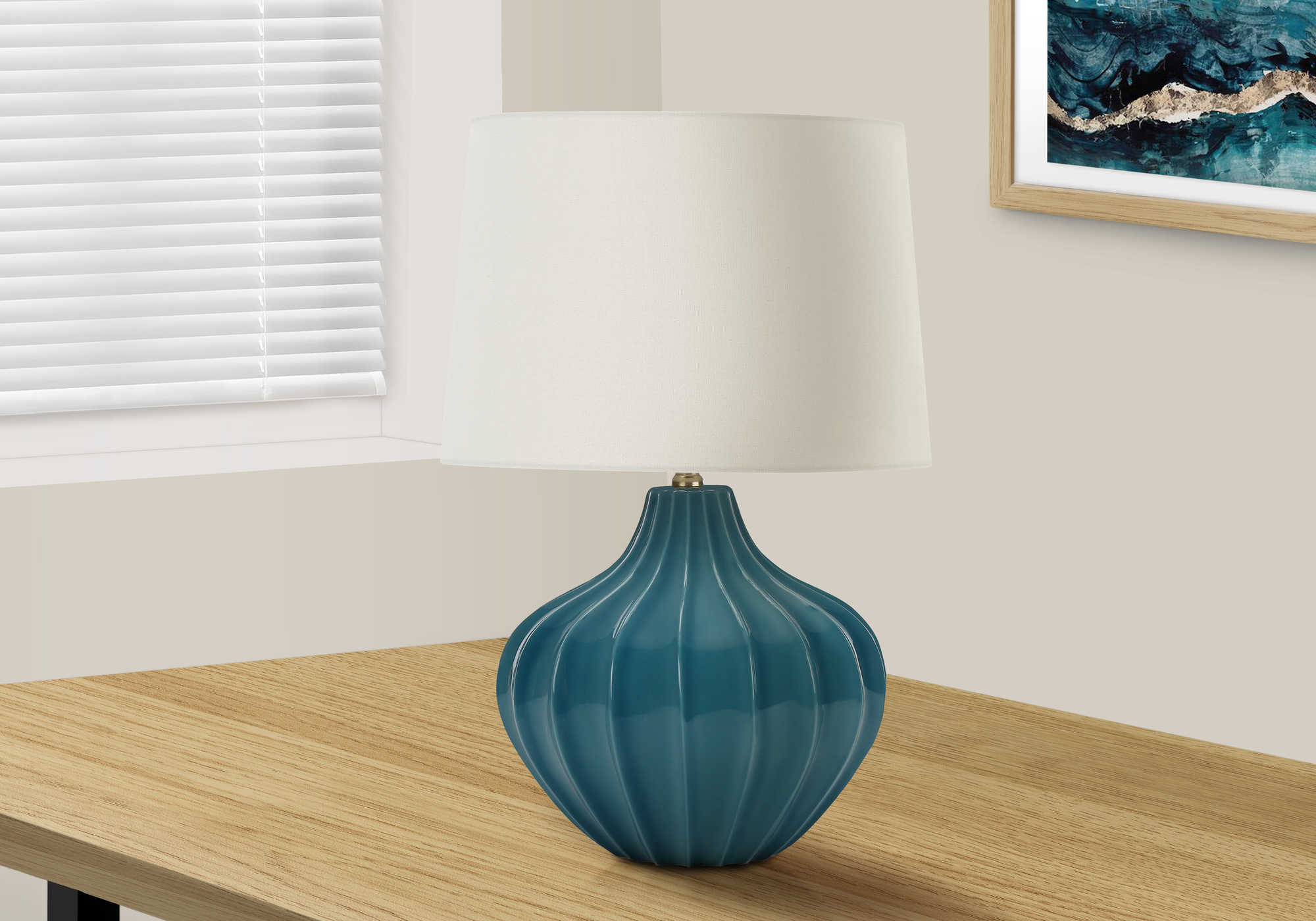 LIGHTING - 24"H TABLE LAMP BLUE CERAMIC  / IVORY SHADE # I 9612