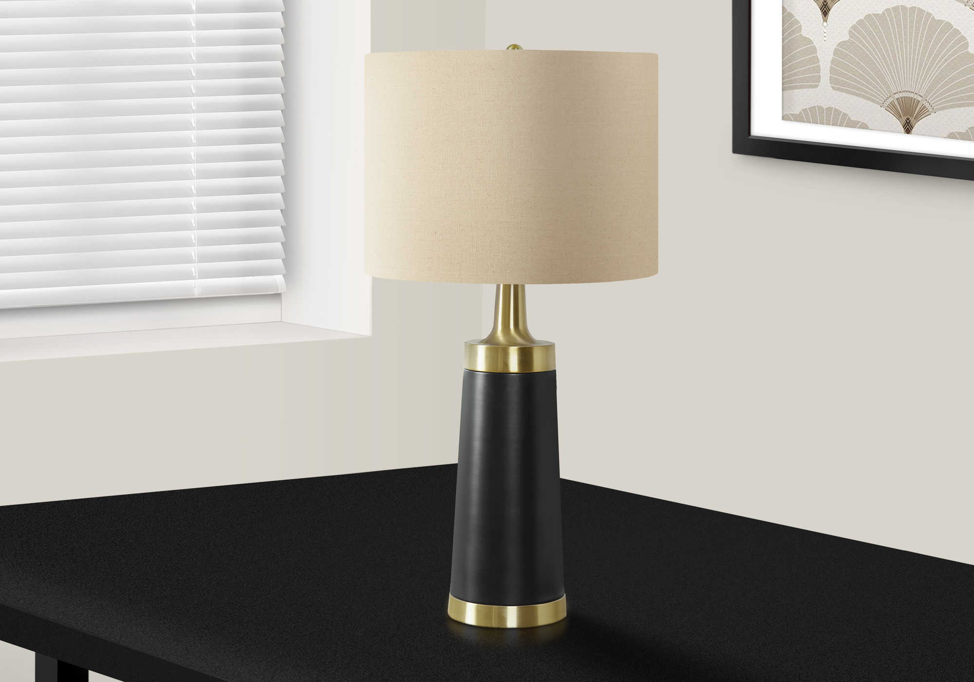 LIGHTING - 28"H TABLE LAMP BLACK METAL / BEIGE SHADE # I 9623