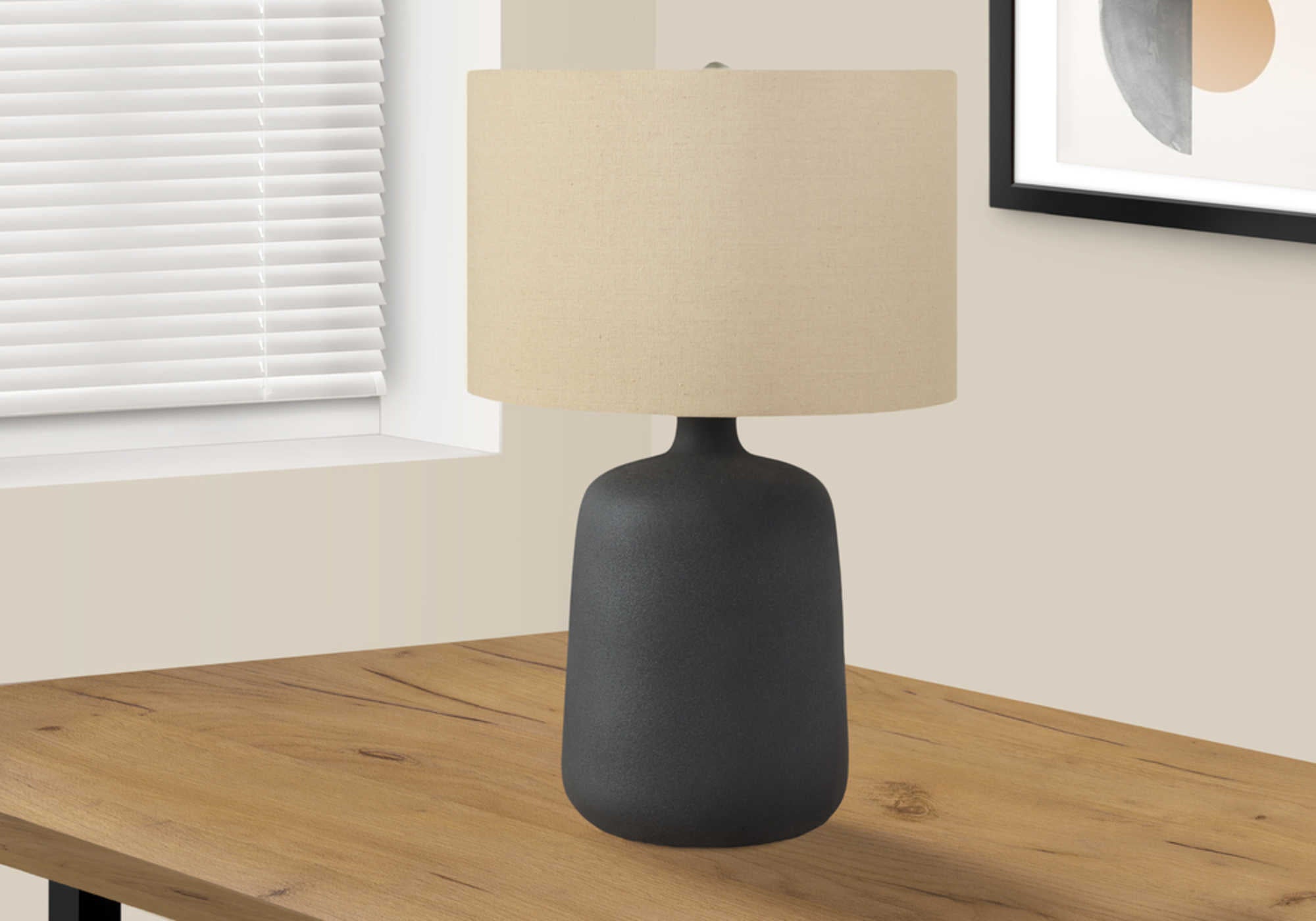 LIGHTING - 24"H TABLE LAMP BLACK CERAMIC / BEIGE SHADE # I 9635