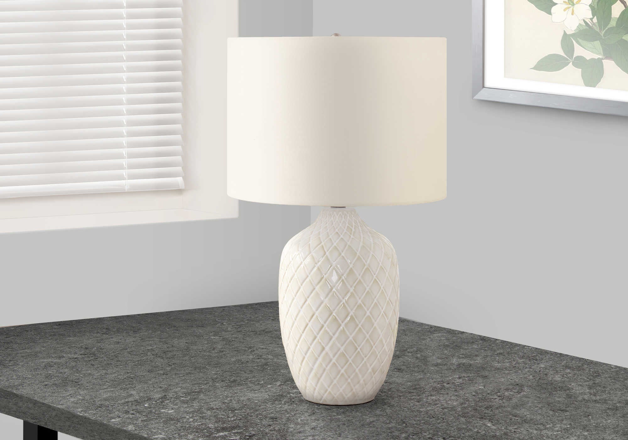 LIGHTING - 25"H TABLE LAMP CREAM CERAMIC / IVORY SHADE # I 9707