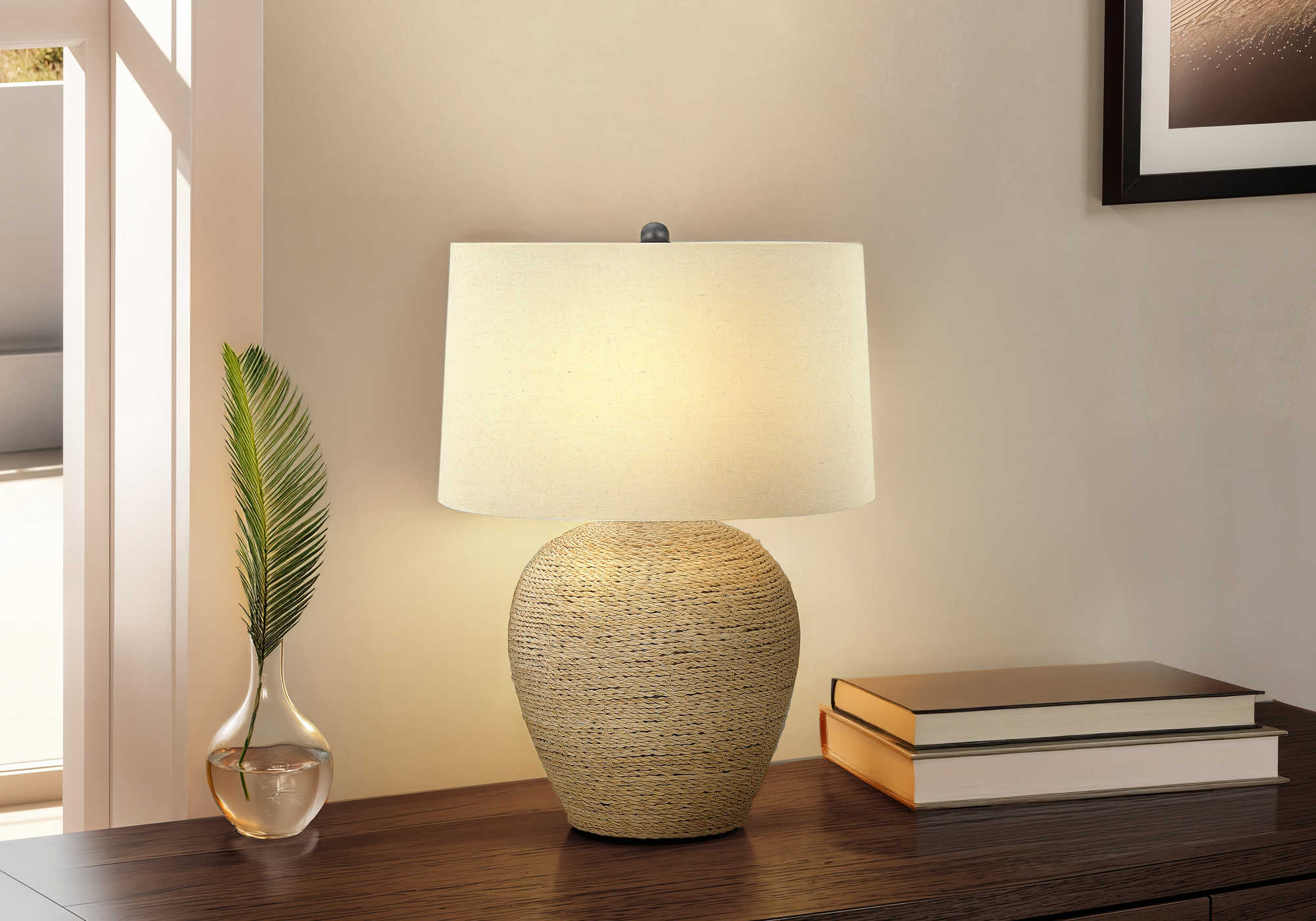 LIGHTING - 25"H TABLE LAMP BEIGE RATTAN / BEIGE SHADE # I 9713