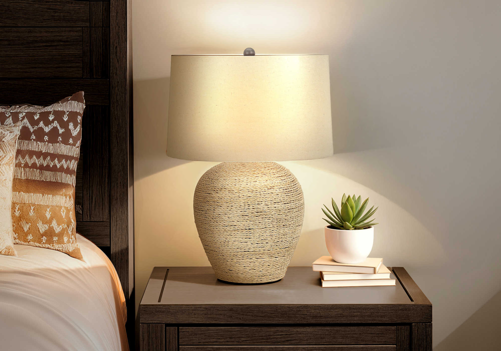 LIGHTING - 25"H TABLE LAMP BEIGE RATTAN / BEIGE SHADE # I 9713