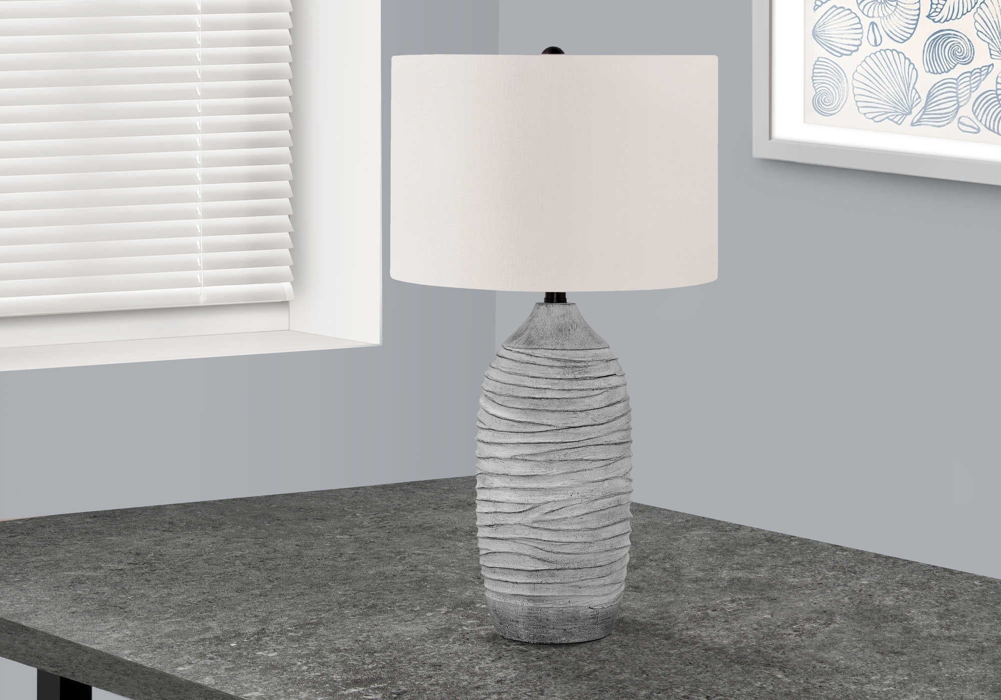 LIGHTING - 27"H TABLE LAMP GREY RESIN / IVORY SHADE # I 9723