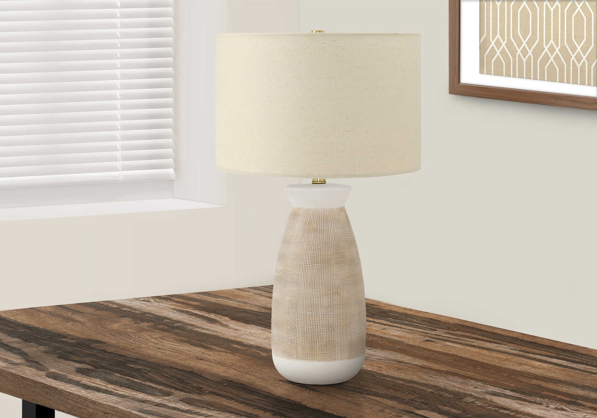 LIGHTING - 27"H TABLE LAMP CREAM CERAMIC / BEIGE SHADE # I 9724