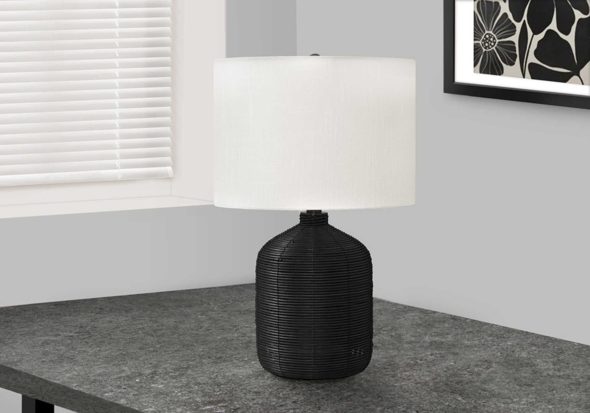 LIGHTING - 23"H TABLE LAMP BLACK RATTAN / IVORY SHADE # I 9734