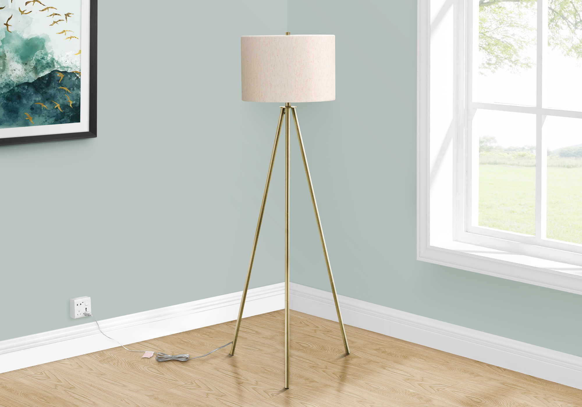 LIGHTING - 63"H TRIPOD FLOOR LAMP BRASS METAL / IVORY # I 9736