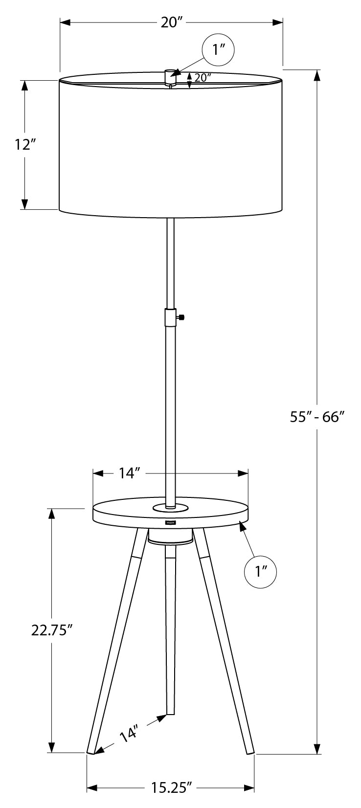 LIGHTING - 63"H TRIPOD FLOOR LAMP BLACK METAL / USB # I 9745