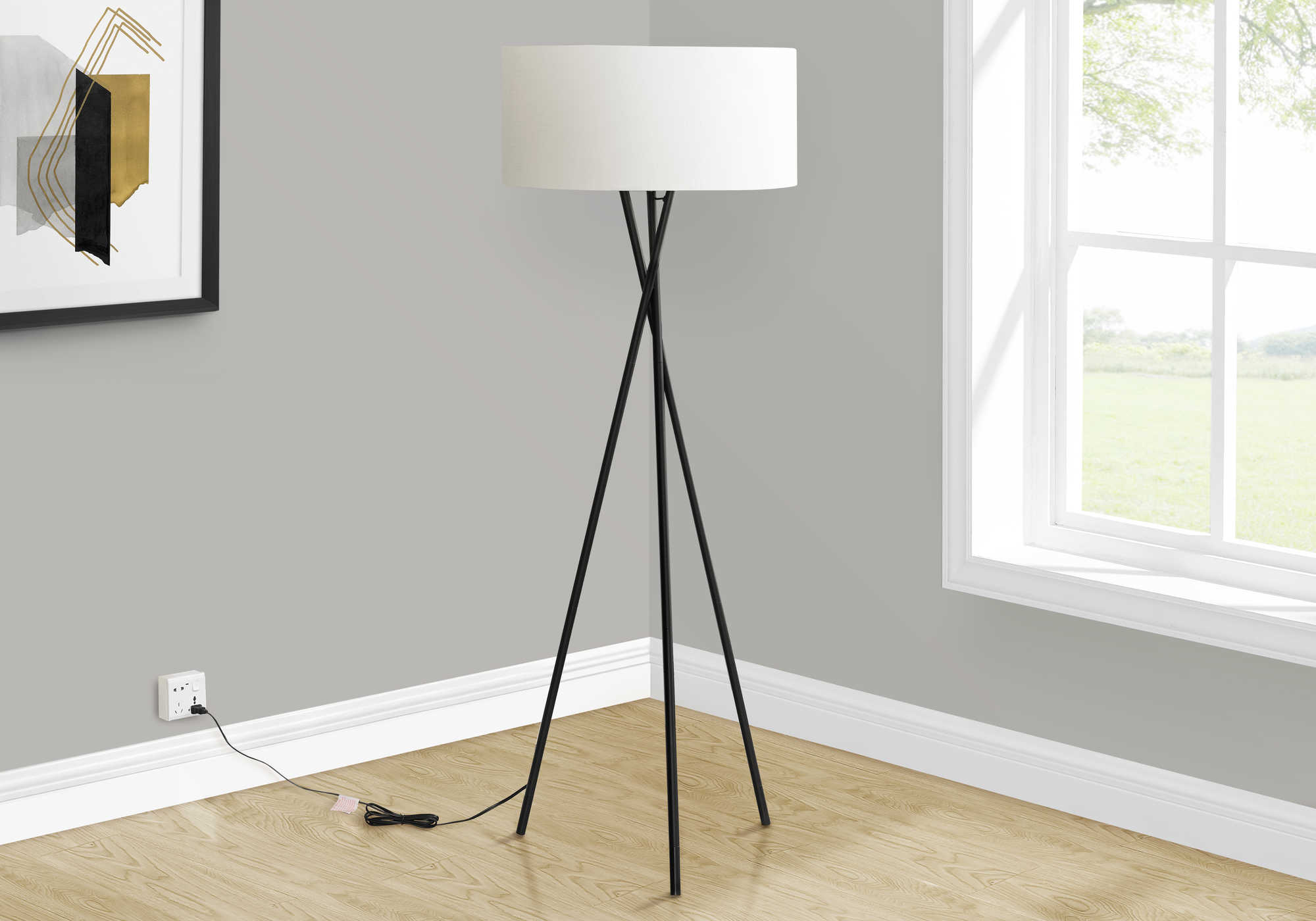 LIGHTING - 62"H TRIPOD FLOOR LAMP BLACK METAL / IVORY # I 9756