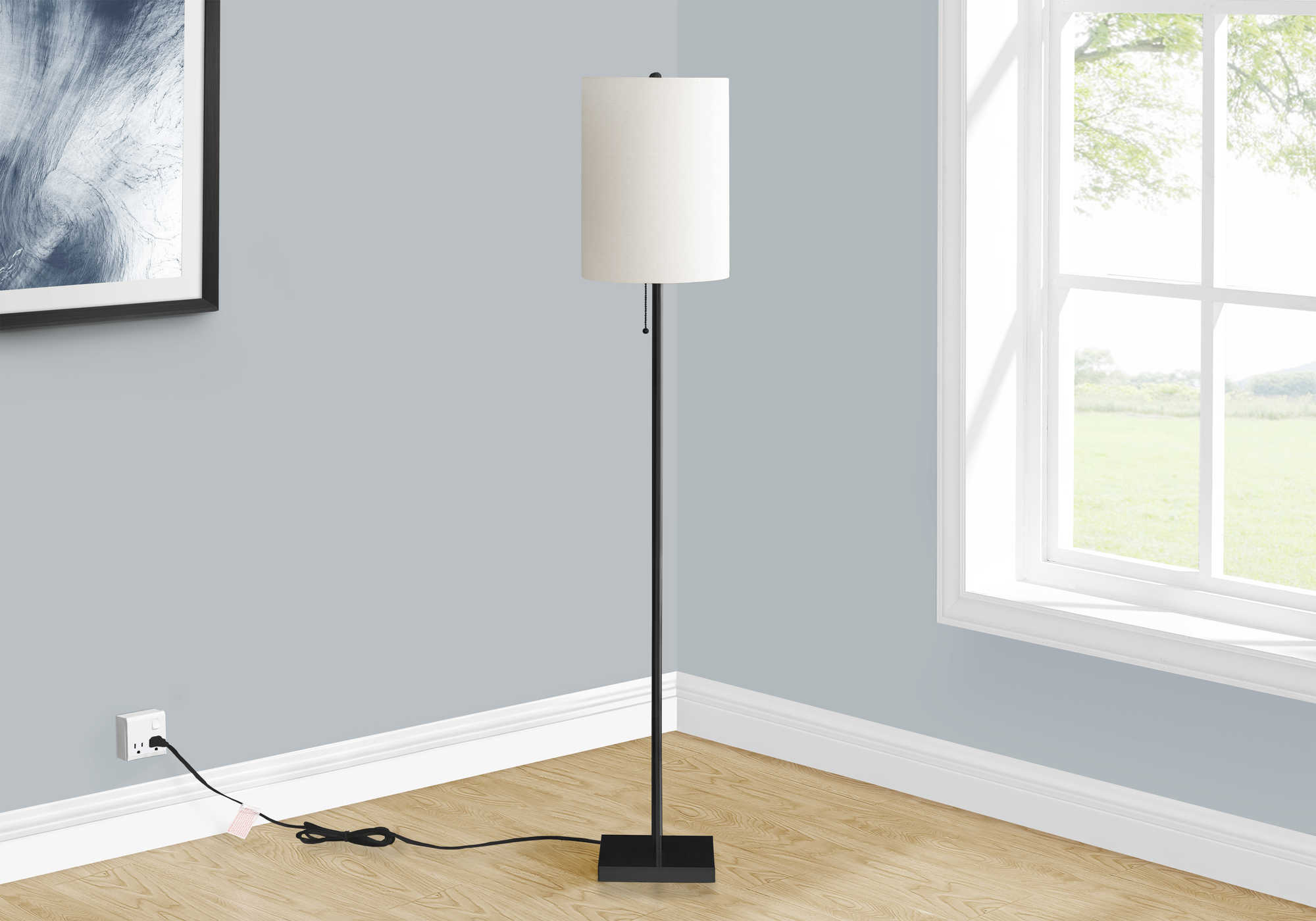 LIGHTING - 62"H FLOOR LAMP BLACK METAL / IVORY SHADE # I 9758