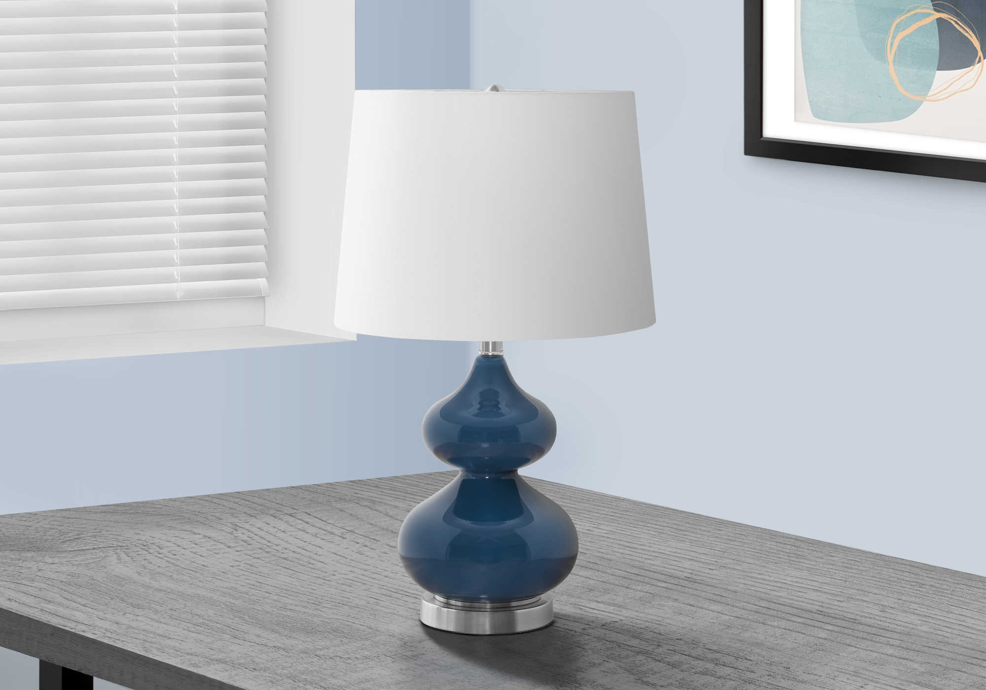 LIGHTING - 24"H TABLE LAMP BLUE GLASS / IVORY SHADE # I 9767