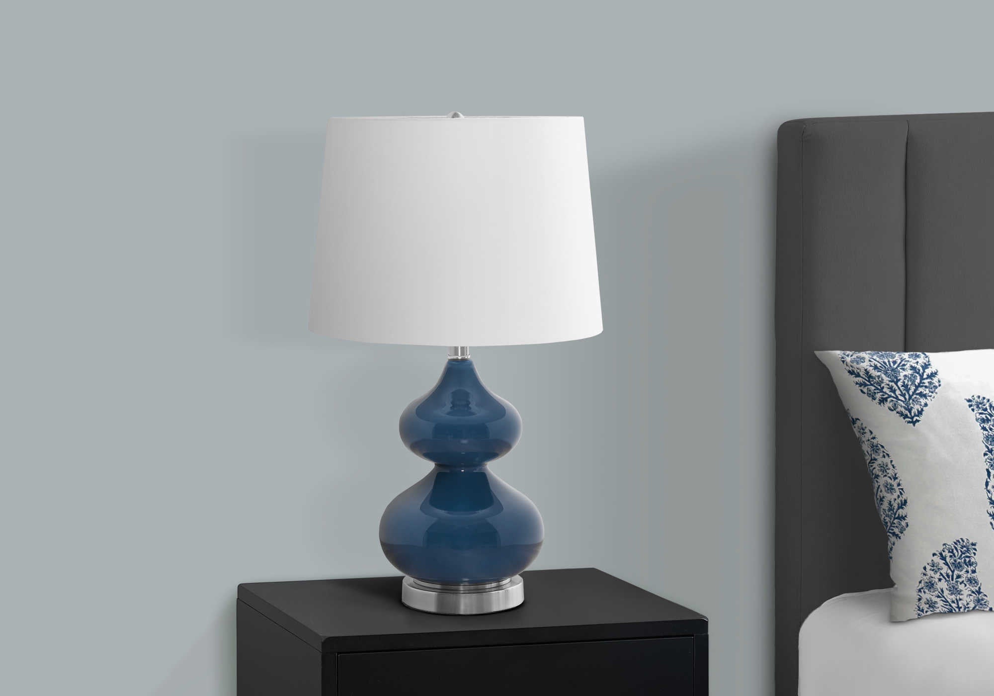 LIGHTING - 24"H TABLE LAMP BLUE GLASS / IVORY SHADE # I 9767