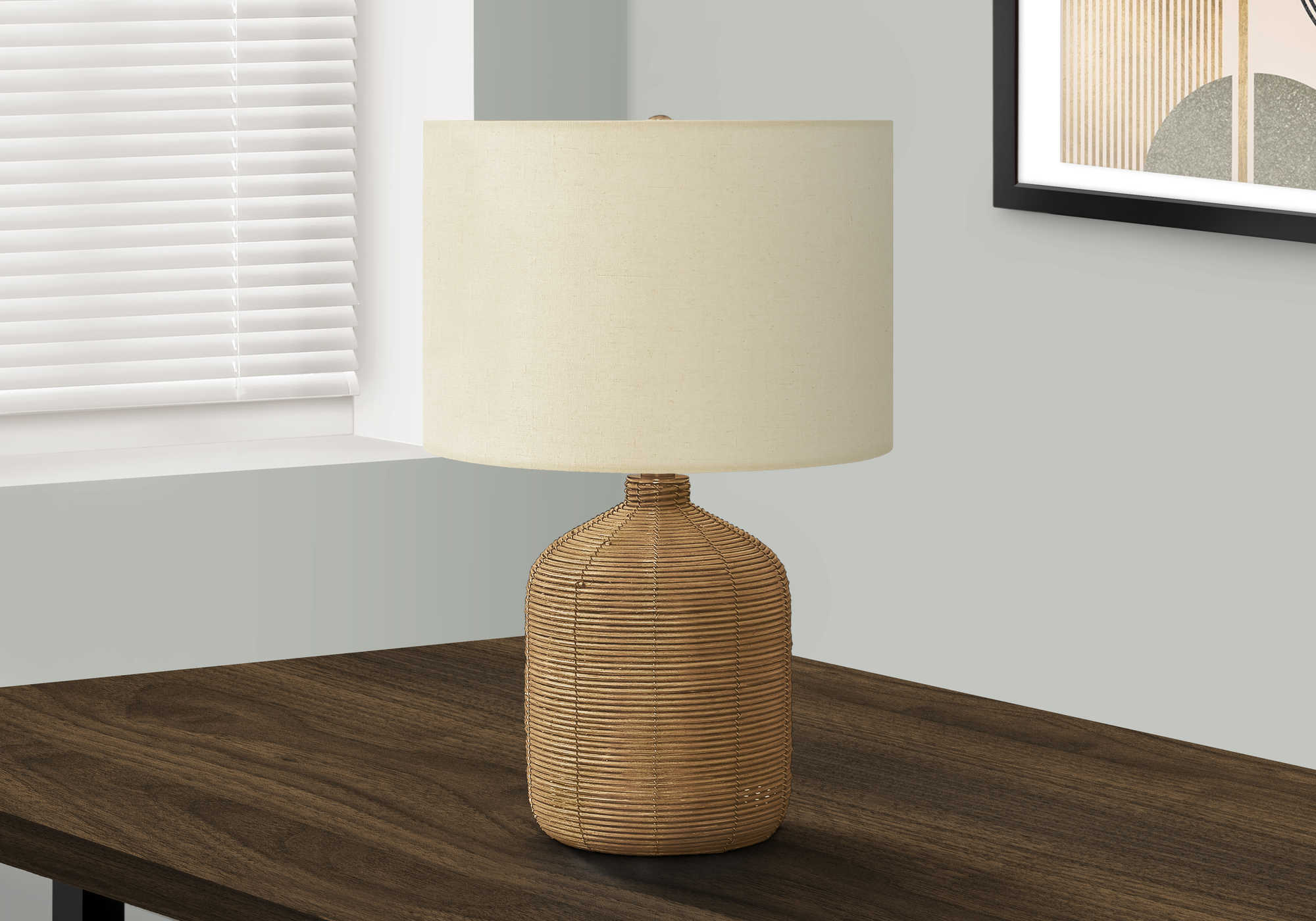 LIGHTING - 23"H TABLE LAMP BROWN RATTAN / BEIGE SHADE # I 9769