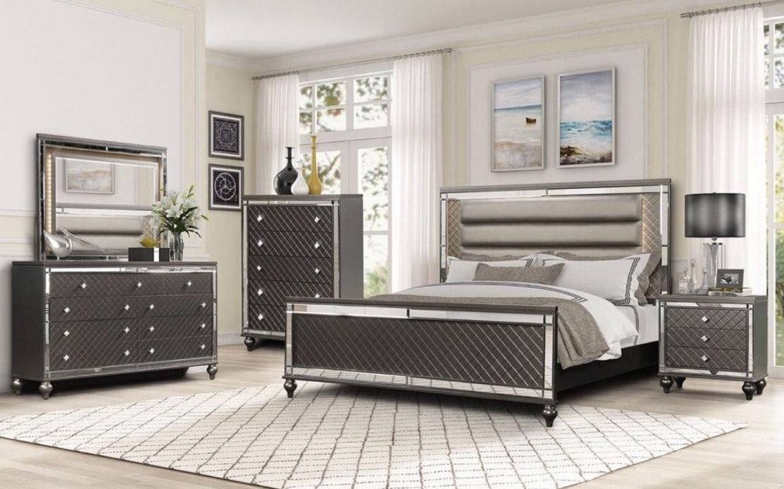 VERONICA - BEDROOM SET WITH MODERN FINISH, LEATHER HEADBOARD WITH LED LIGHTS AND MIRROR OUTLINES