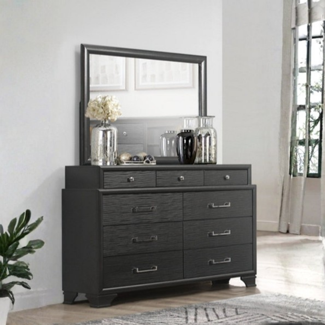 Allegra – Commode à 9 tiroirs avec miroir – Gris