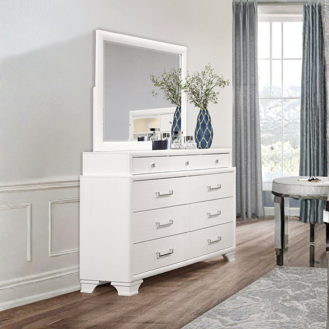 Allegra – Commode à 9 tiroirs avec miroir – Blanche