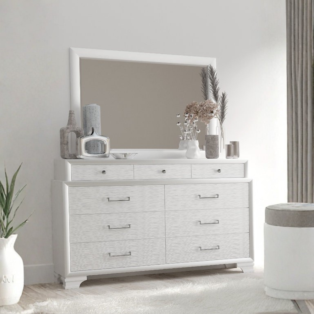Allegra – Commode à 9 tiroirs avec miroir – Blanche