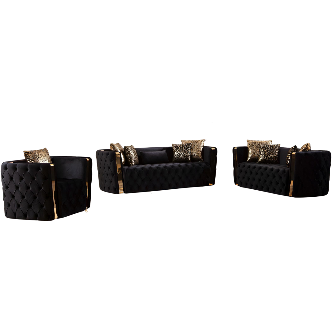 Lemos – Velvet Sofa Set – Black – Gold Accents