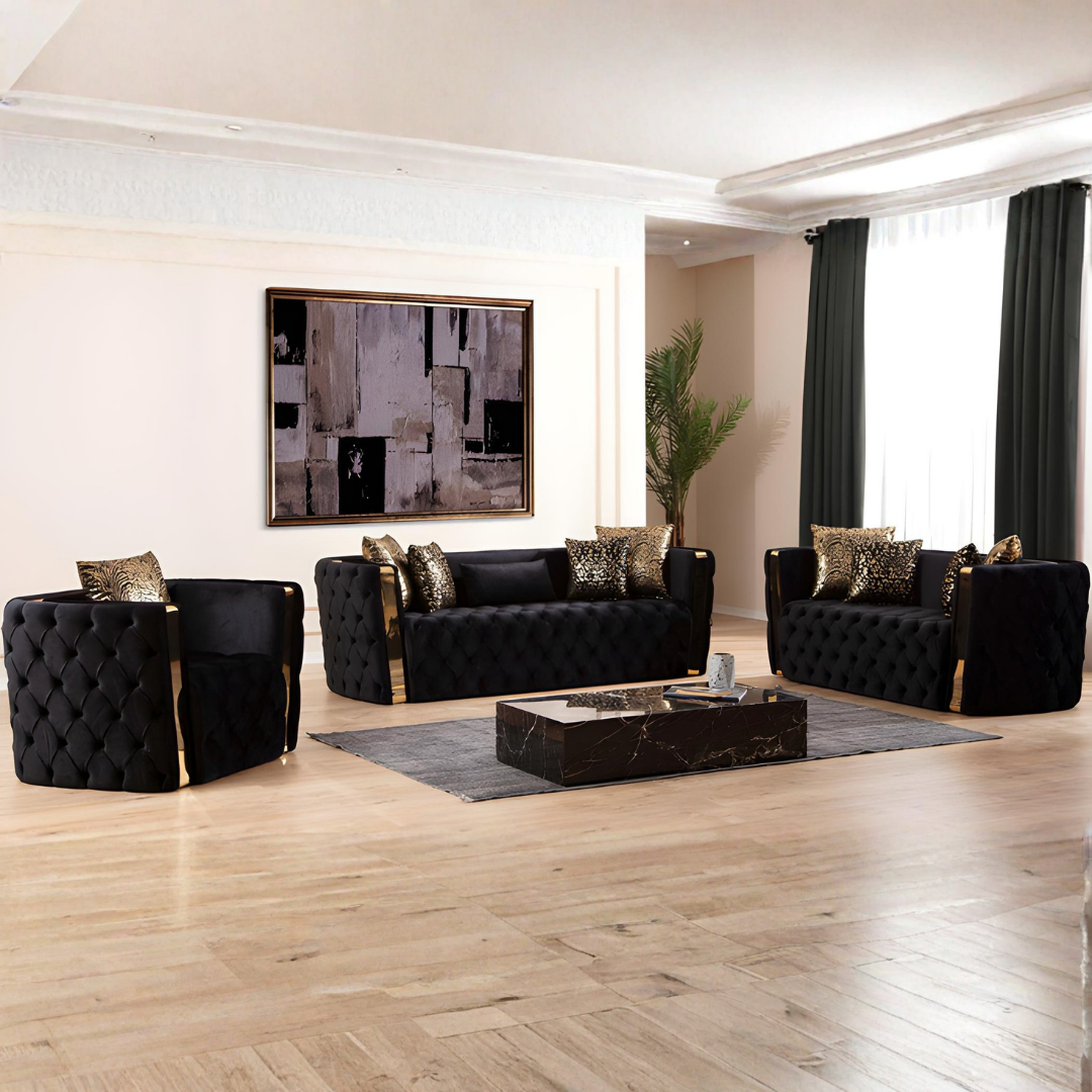 Lemos – Velvet Sofa Set – Black – Gold Accents