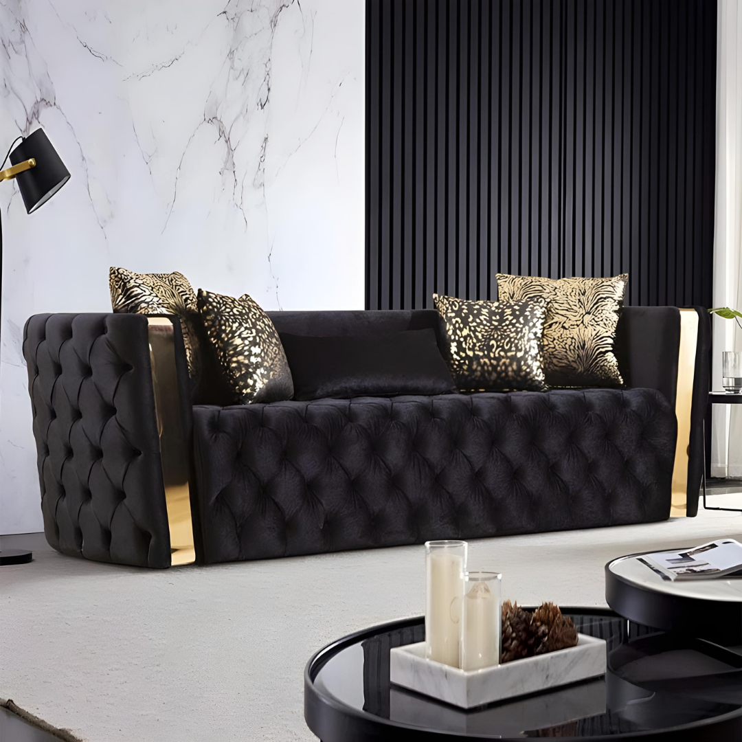 Lemos – Velvet Sofa Set – Black – Gold Accents