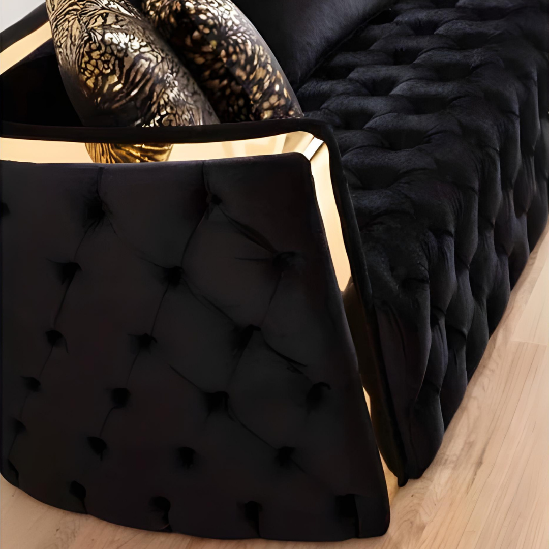 Lemos – Velvet Sofa Set – Black – Gold Accents