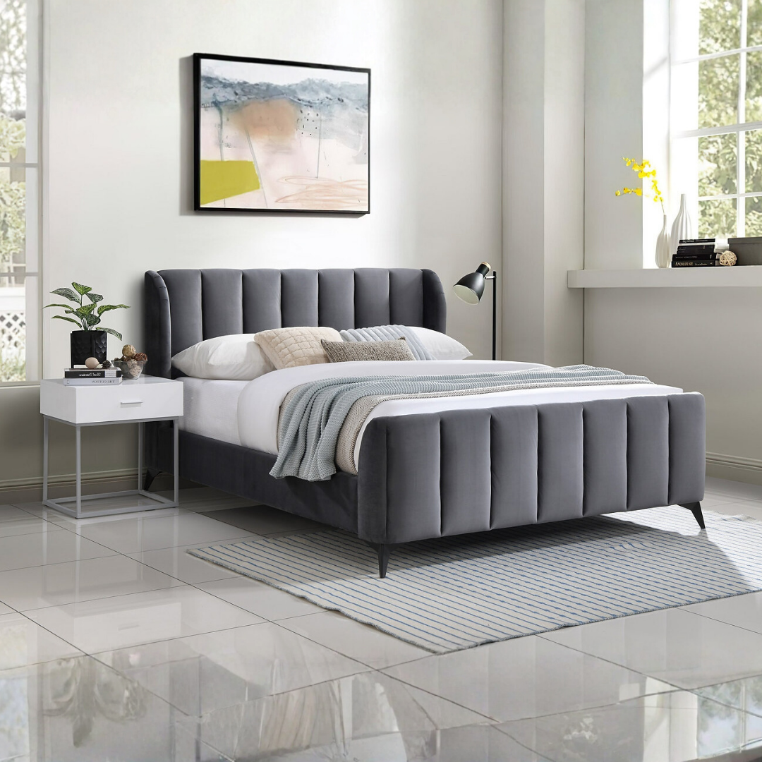 Lenvar – Queen Bed – Velvet (Grey)