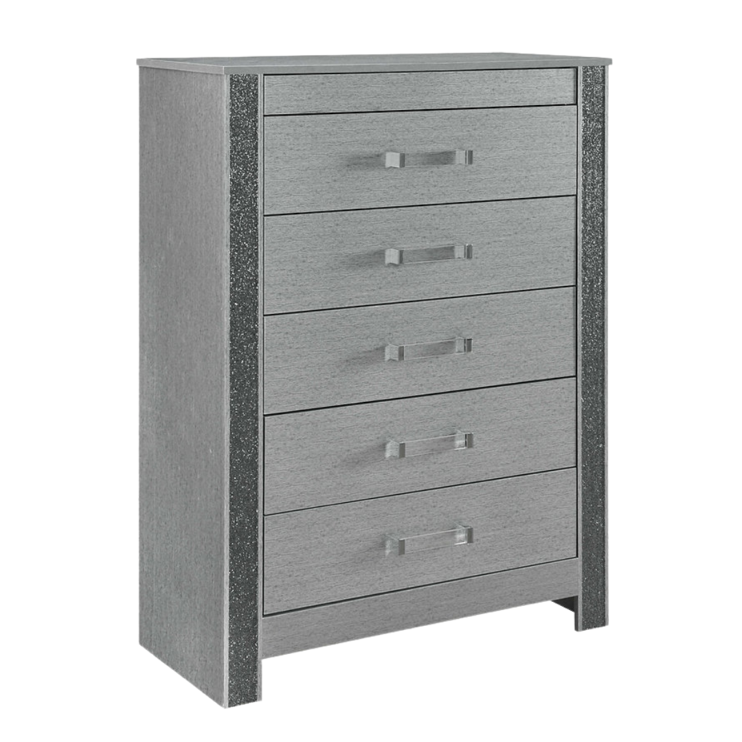 Celestia – Commode à 5 tiroirs avec rangement pour bijoux – Finition argentée