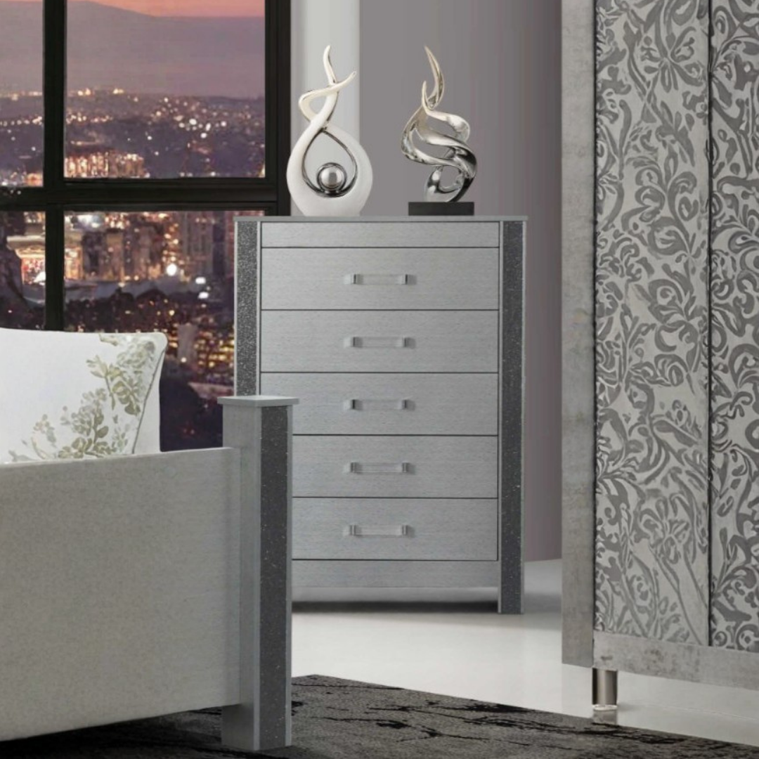 Celestia – Commode à 5 tiroirs avec rangement pour bijoux – Finition argentée